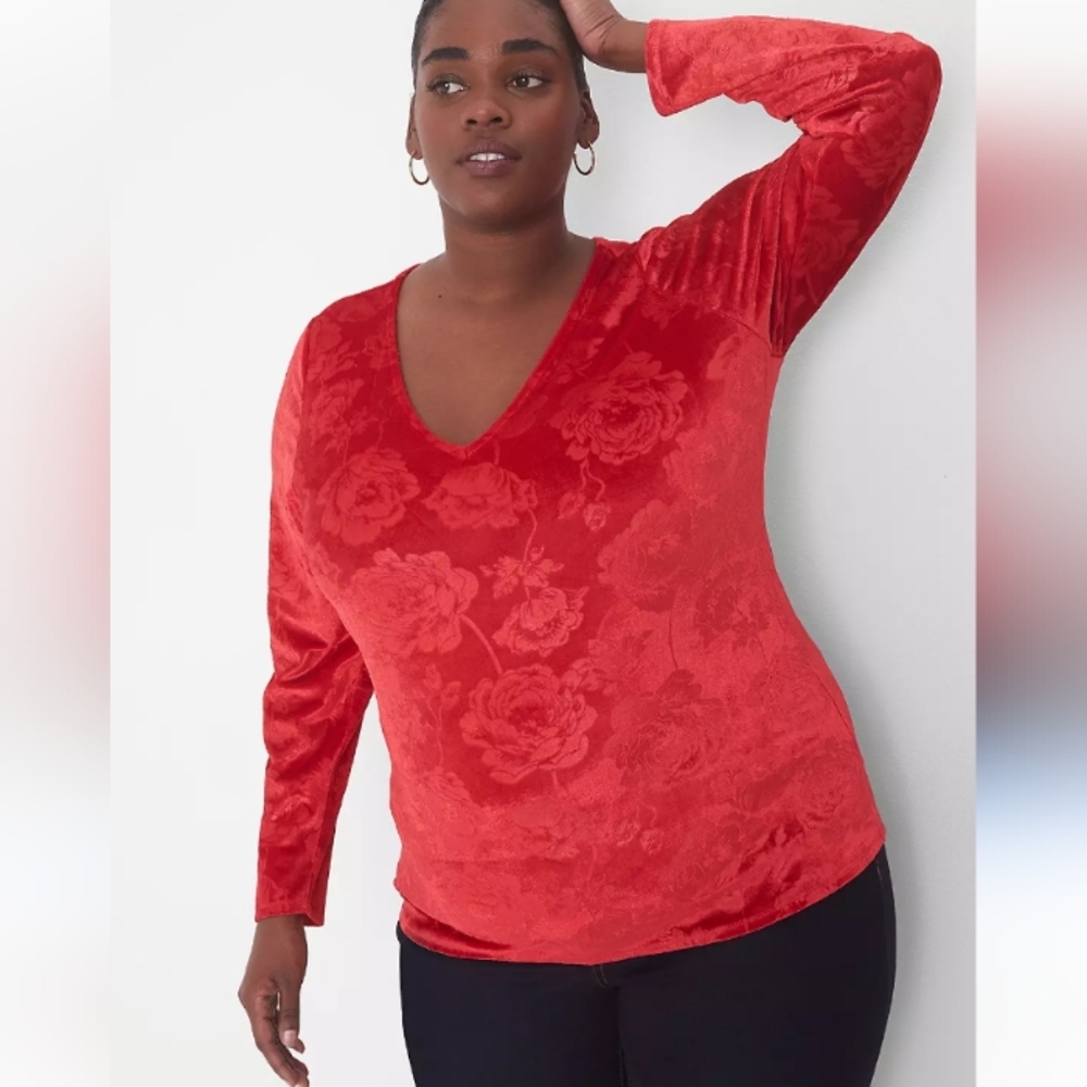 Lane Bryant Classic V Neck Velour Top Red Floral Long Sleeve Plus 18 20 Holiday